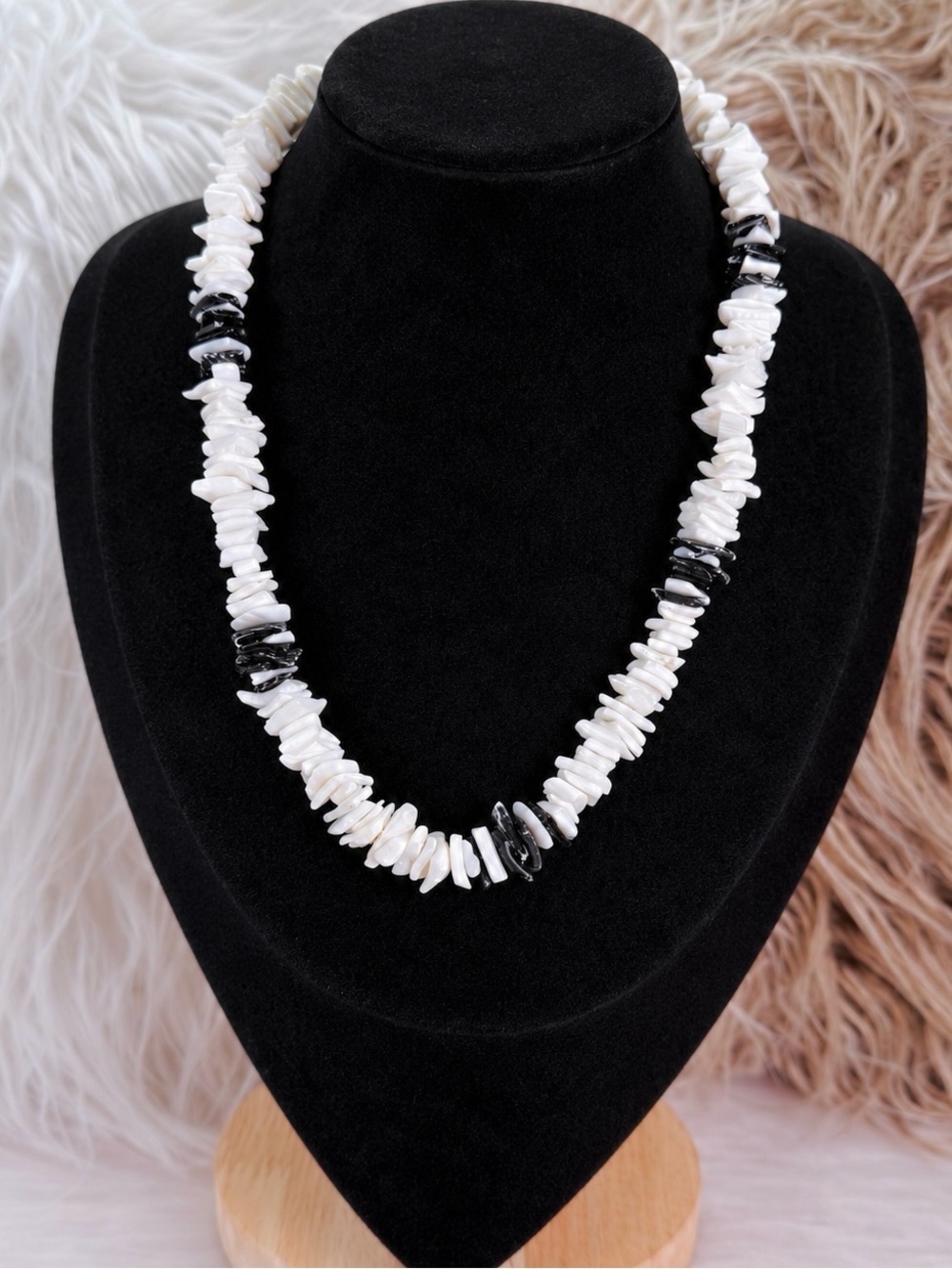 Vintage Black White Shell Chip Bead Necklace Organic Coastal Statement